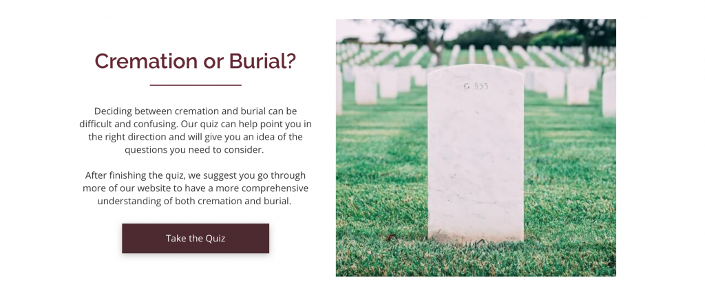 burial vs cremation funeral home website quiz