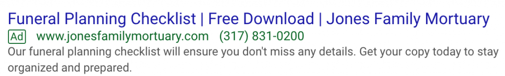 preneed funerals Google ad